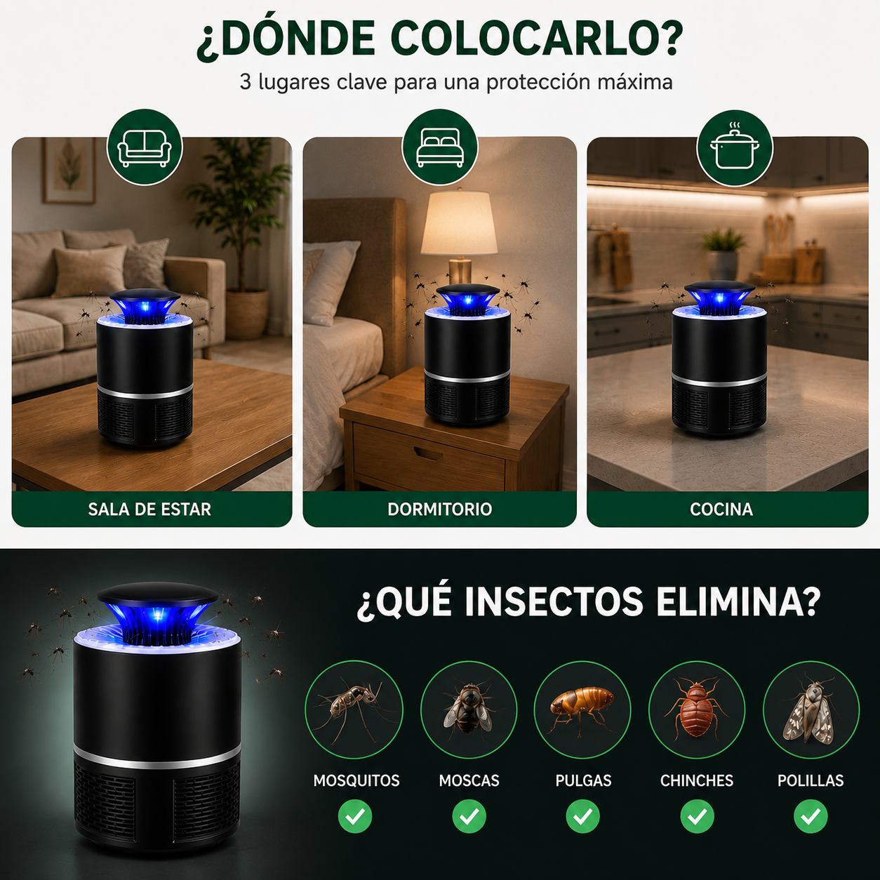 Lámpara anti mosquitos por succión