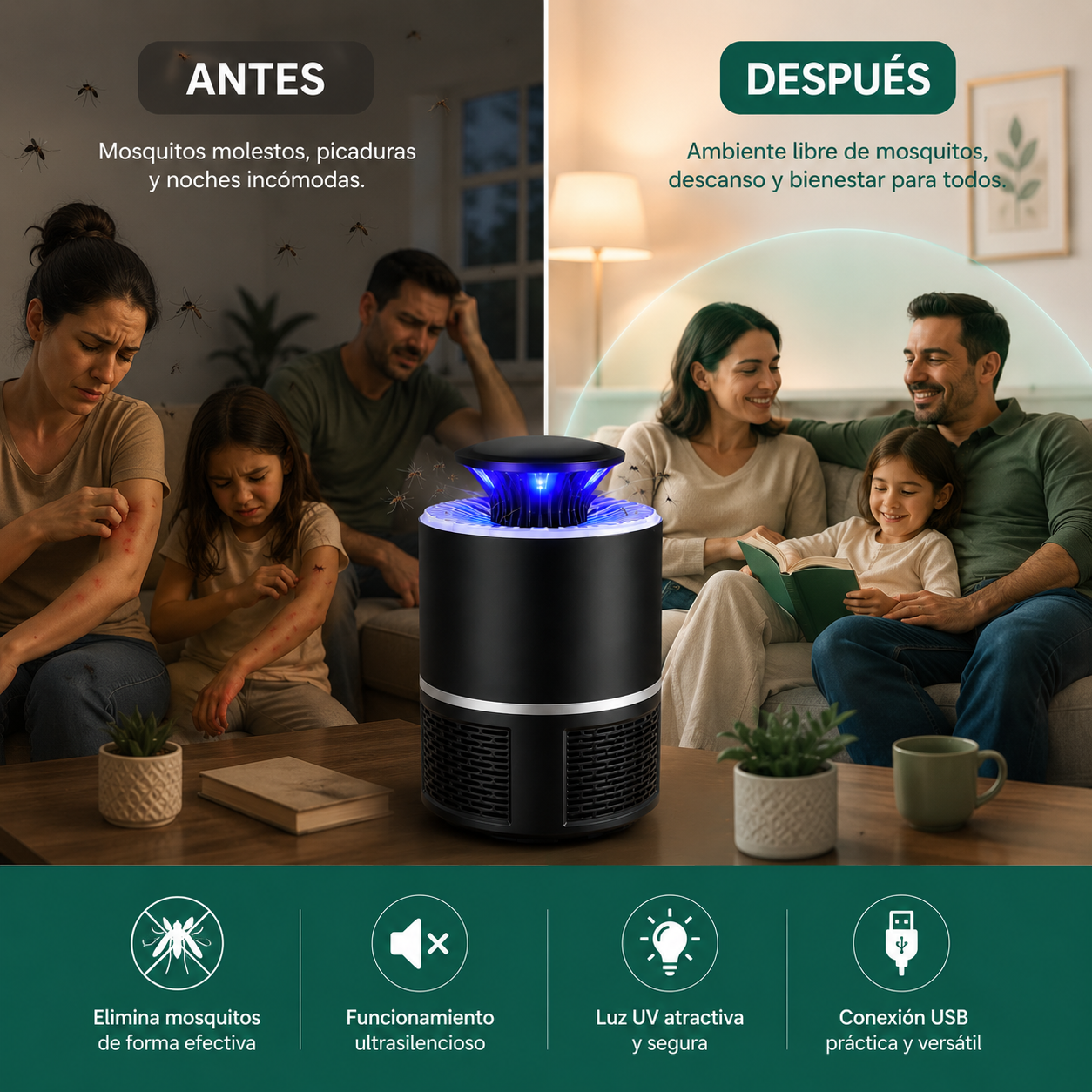 Lámpara anti mosquitos por succión